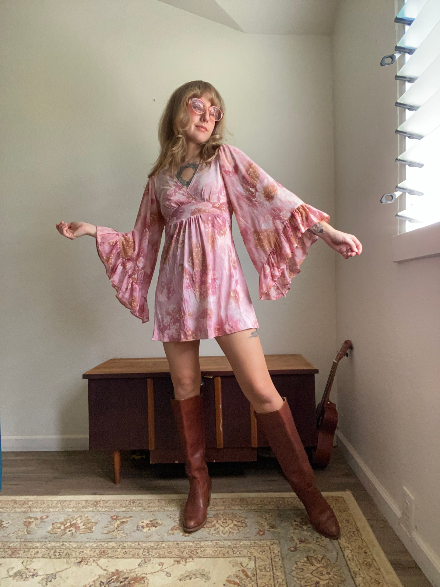 1970s Pink Floral Angel Sleeve Mini dress/ shirt XS S