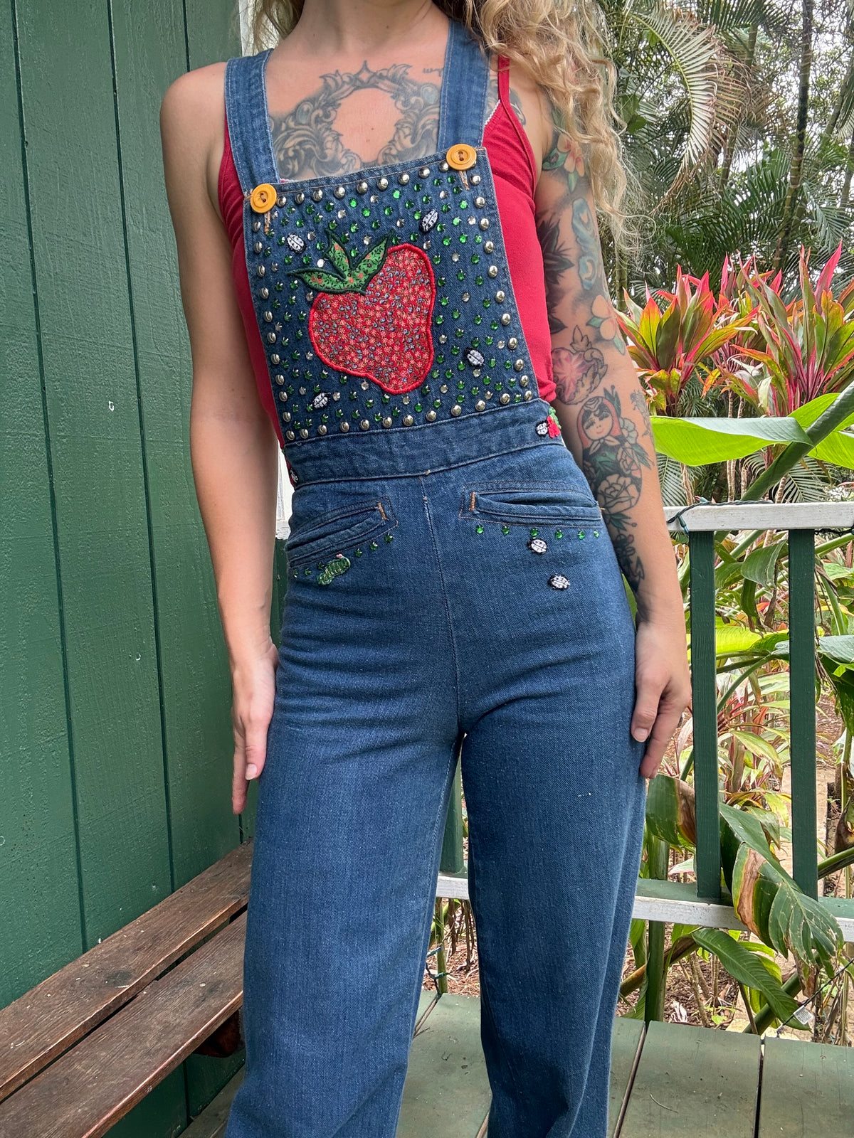 1970s Studded and Multi Patch Landlubber Denim Jumpsuit 25” w
