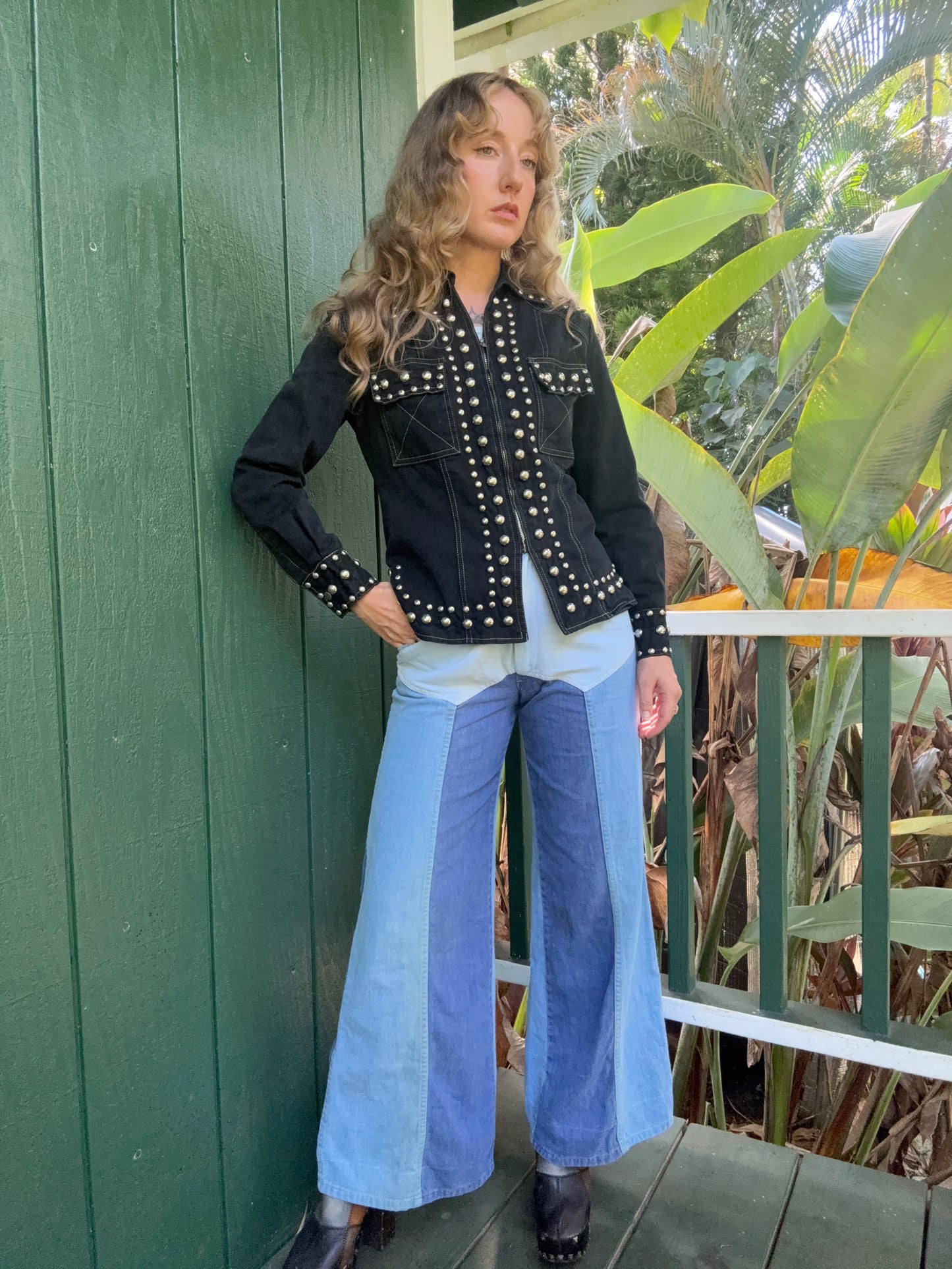 1970s Gina Teresa Black Denim Studded jacket XS/S