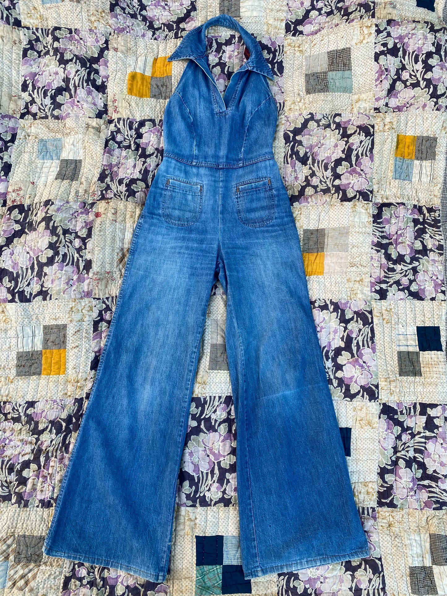 1970s Landlubber Denim Halter Jumpsuit