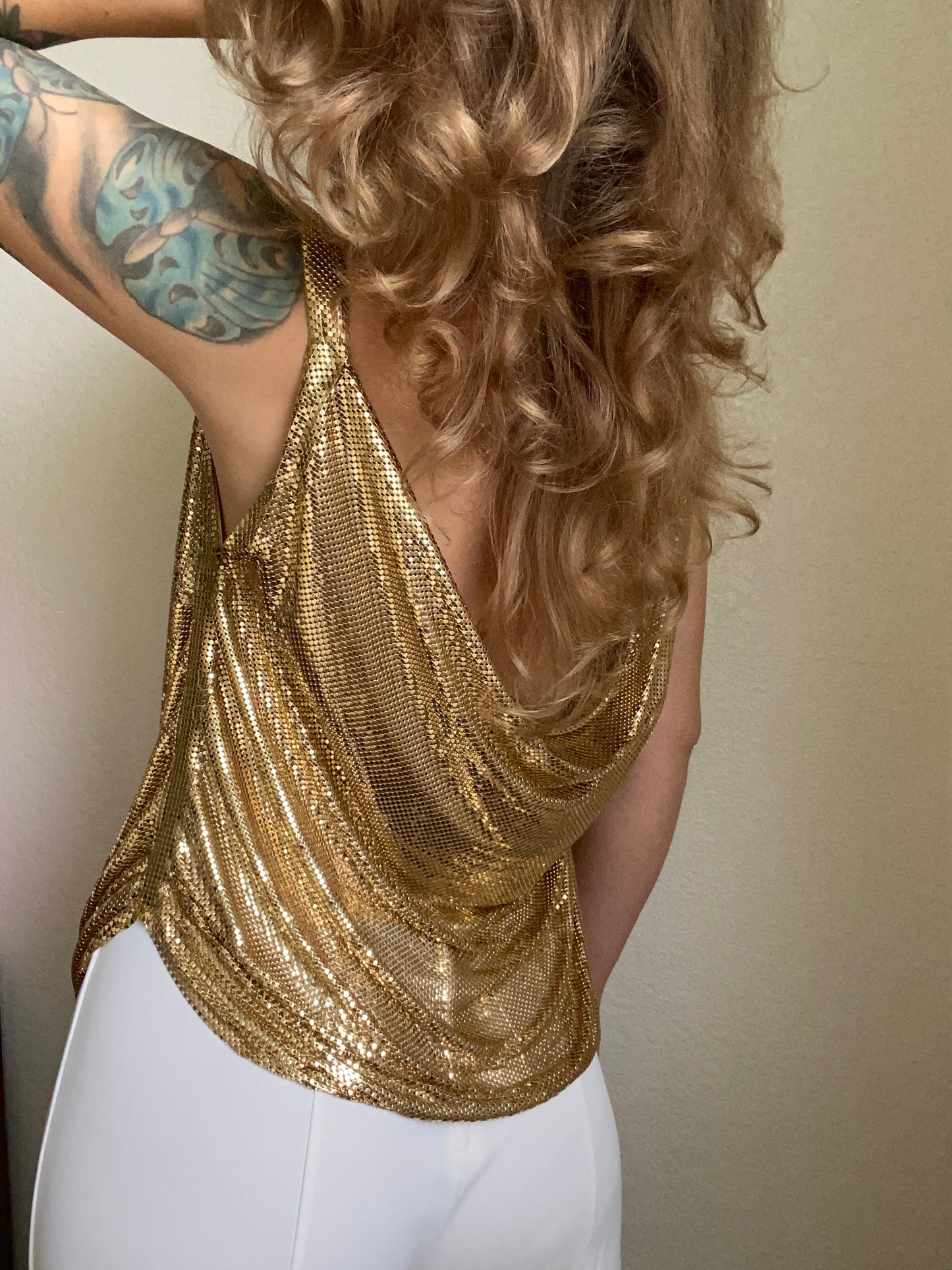 1980s Gold Whiting and Davis Chainmail Metal Mesh Blouse Top