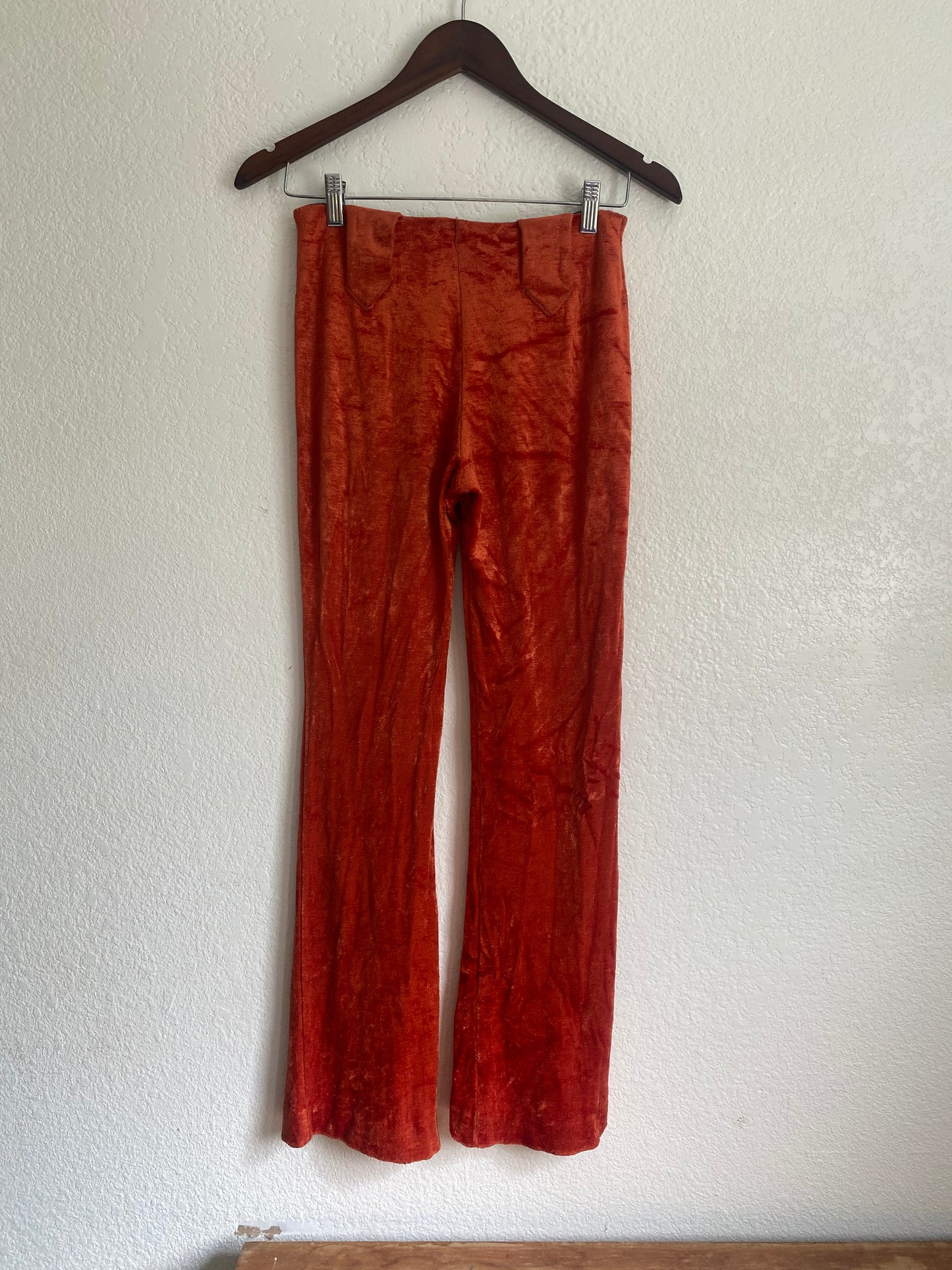 1970s mid rise burnt orange velvet western bell bottom pants 28x31