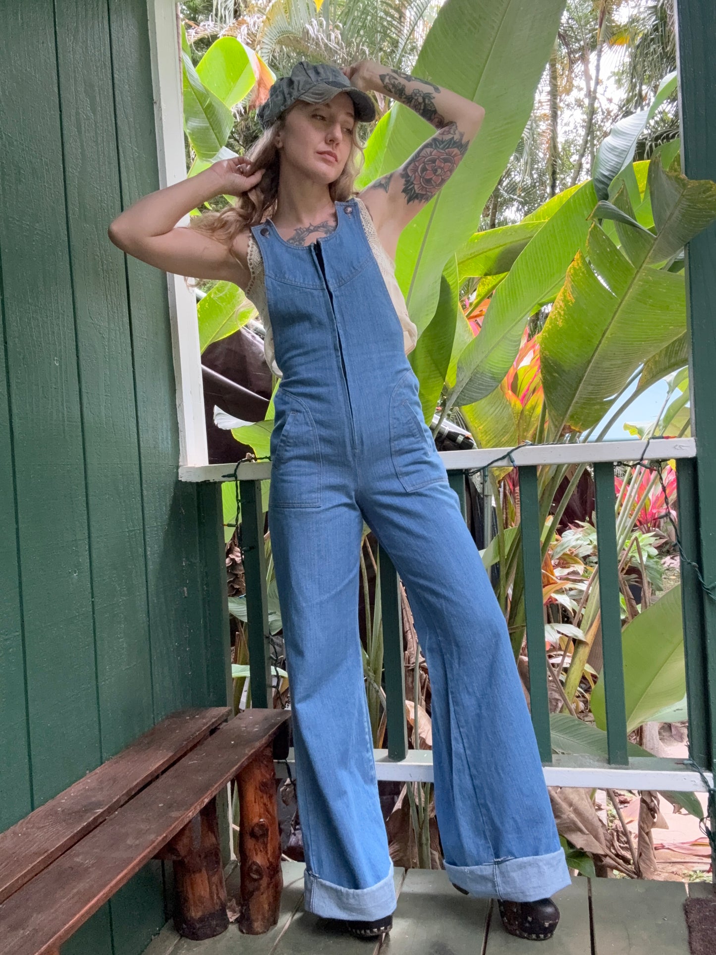 1970s Low Back Wide Leg Denim Jumpsuit by NLF  26x35 small Long