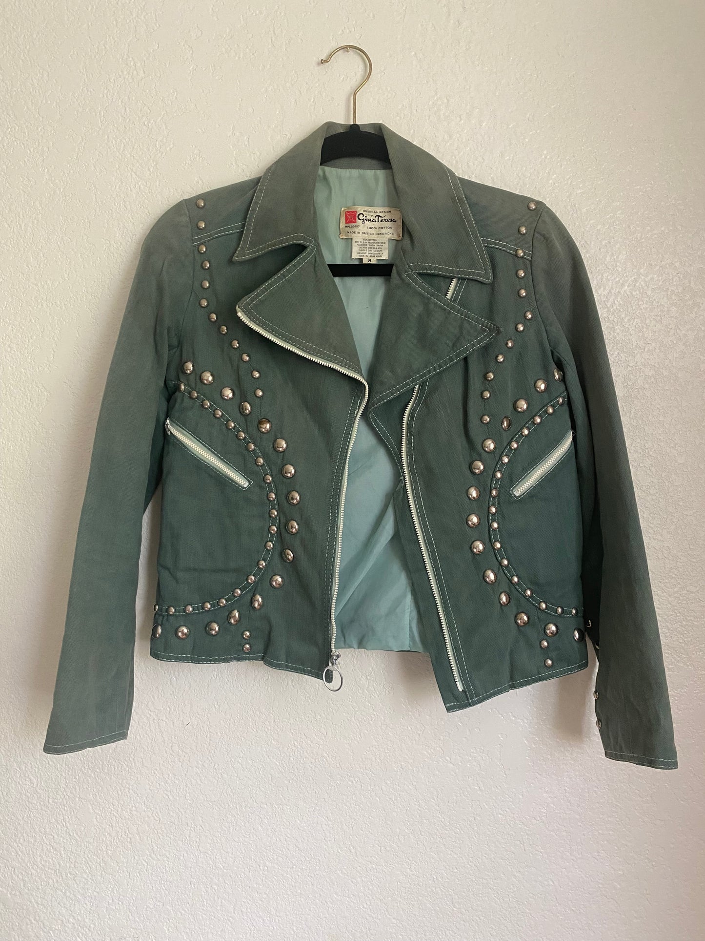 1970s Gina Teresa Studded Roncelli Style Green Denim Jacket