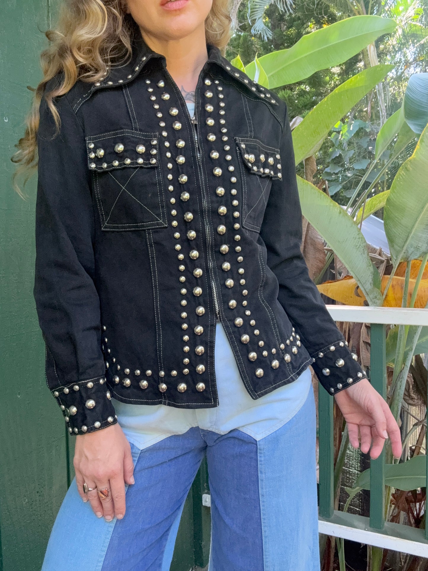 1970s Gina Teresa Black Denim Studded jacket XS/S