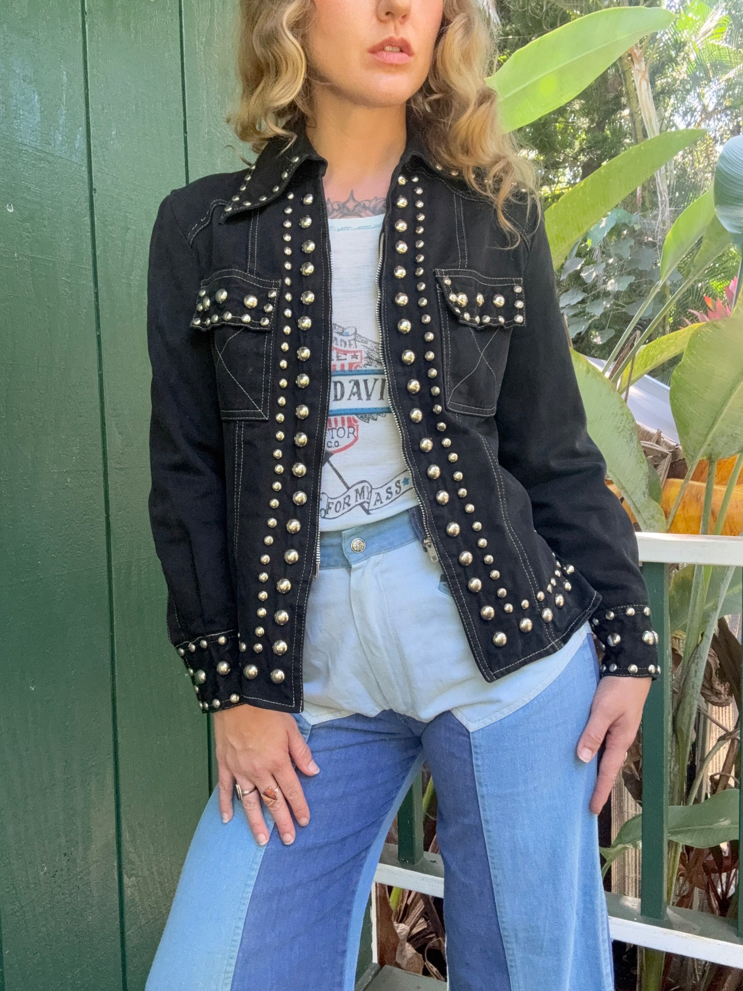 1970s Gina Teresa Black Denim Studded jacket XS/S