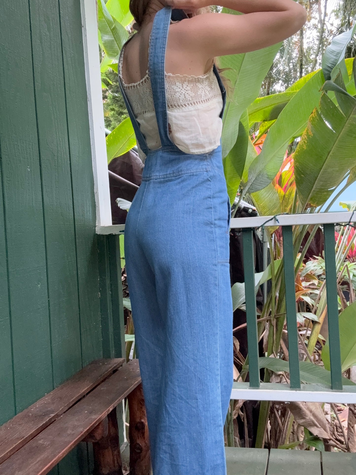 1970s Low Back Wide Leg Denim Jumpsuit by NLF  26x35 small Long