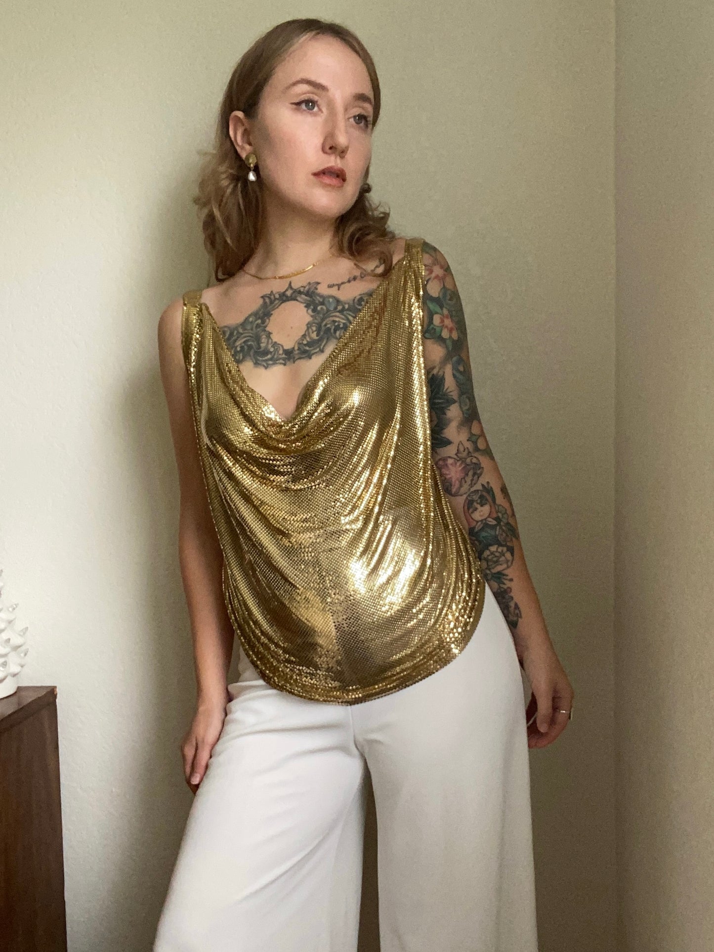 1980s Gold Whiting and Davis Chainmail Metal Mesh Blouse Top