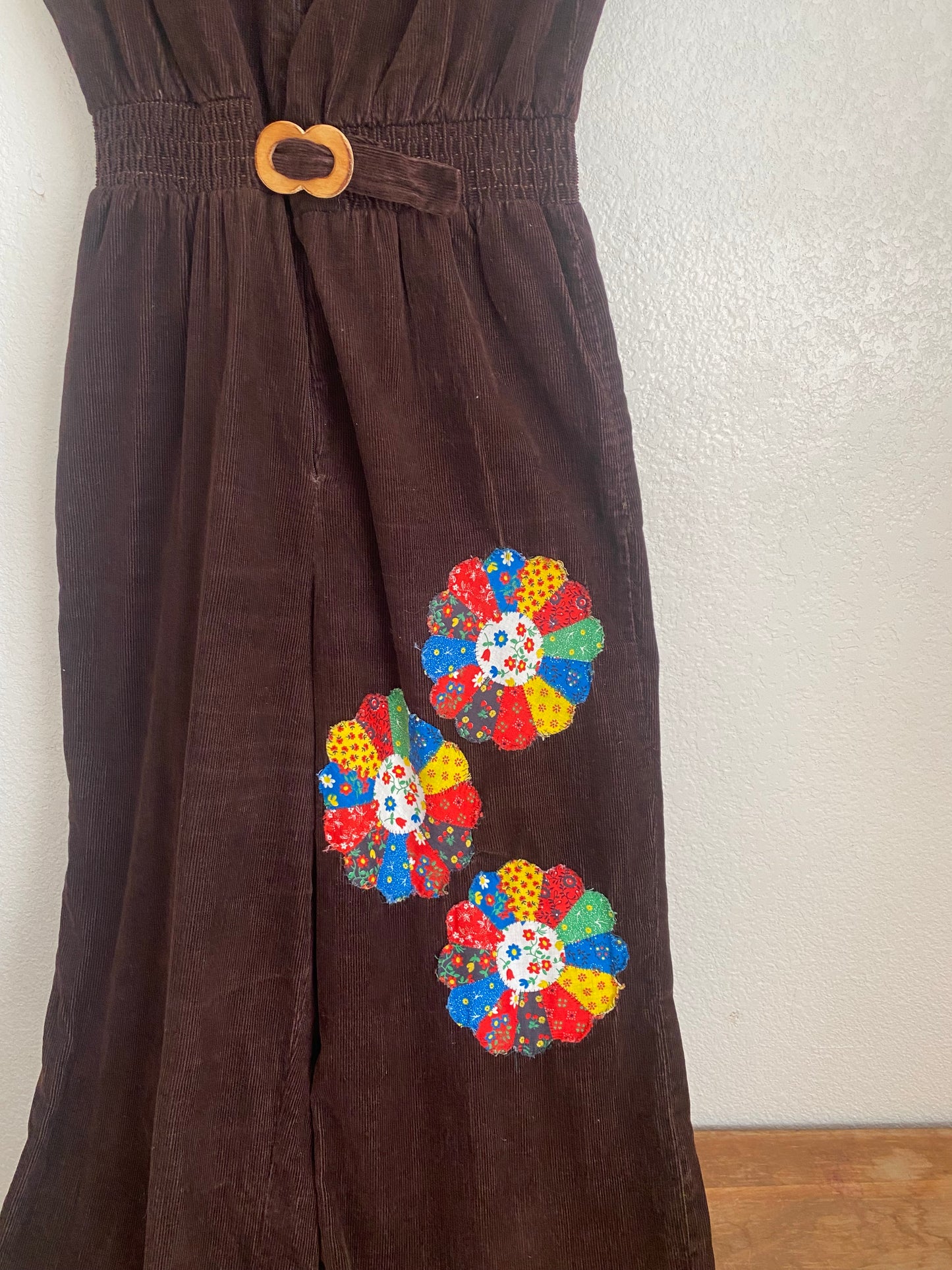 1970s Brown Corduroy Jumpsuit with Dresden quilt patches