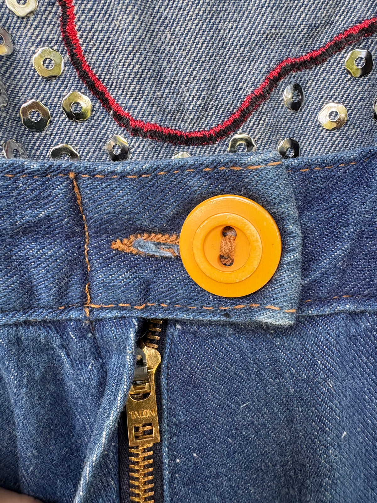 1970s Studded and Multi Patch Landlubber Denim Jumpsuit 25” w