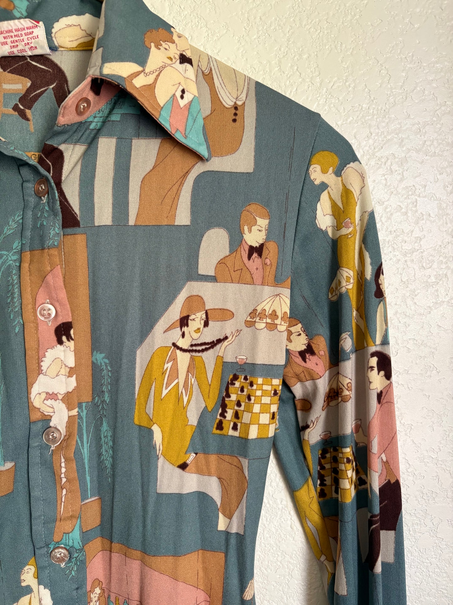 1970s Nylon Bar Scene Novelty Button up blouse Small