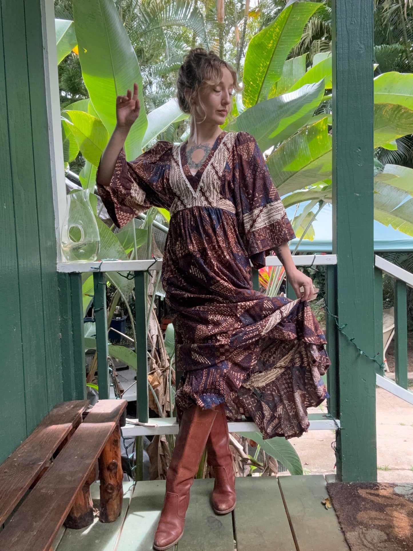 1970s Young Innocent by Arpeja Patchwork Kaftan Maxi Dress small