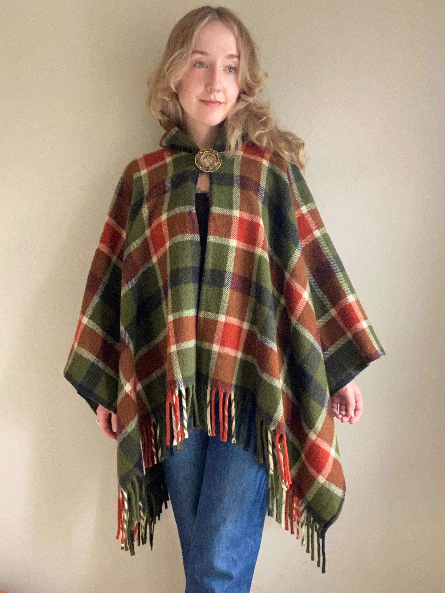 Vintage Wool Plaid Hooded Poncho