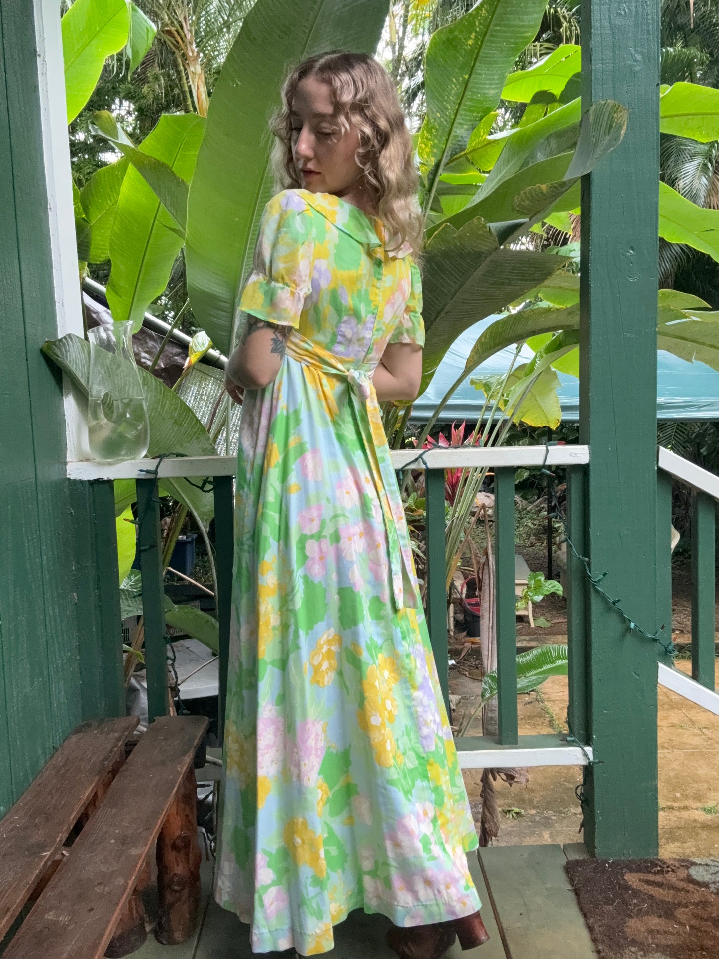 1970s Spring Floral Cotton floor-length Prairie Dress XS/Small