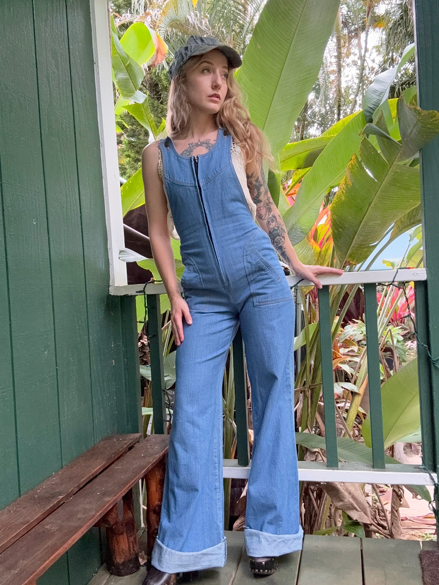 1970s Low Back Wide Leg Denim Jumpsuit by NLF  26x35 small Long