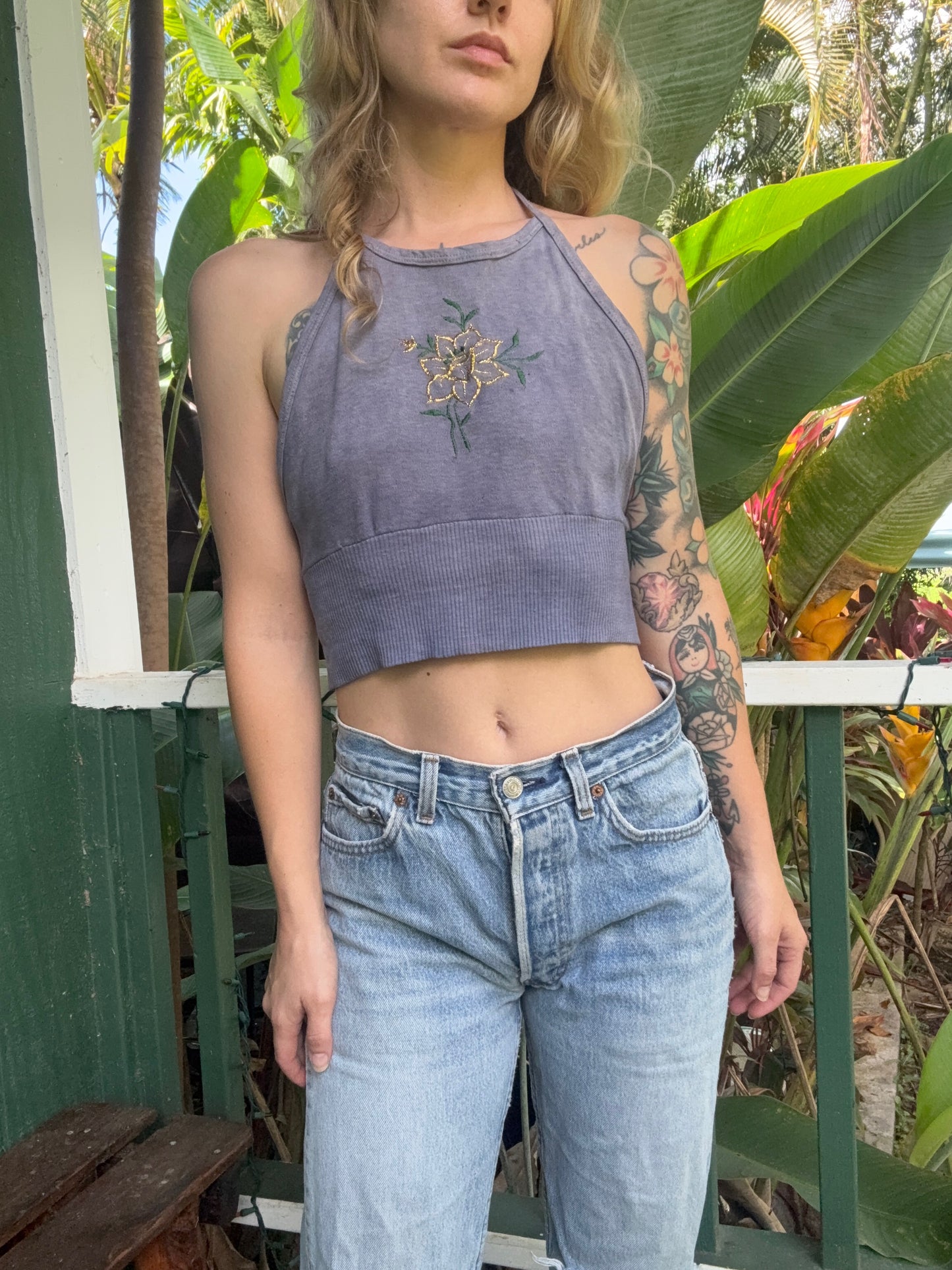 1970s flower embroidery cotton halter top