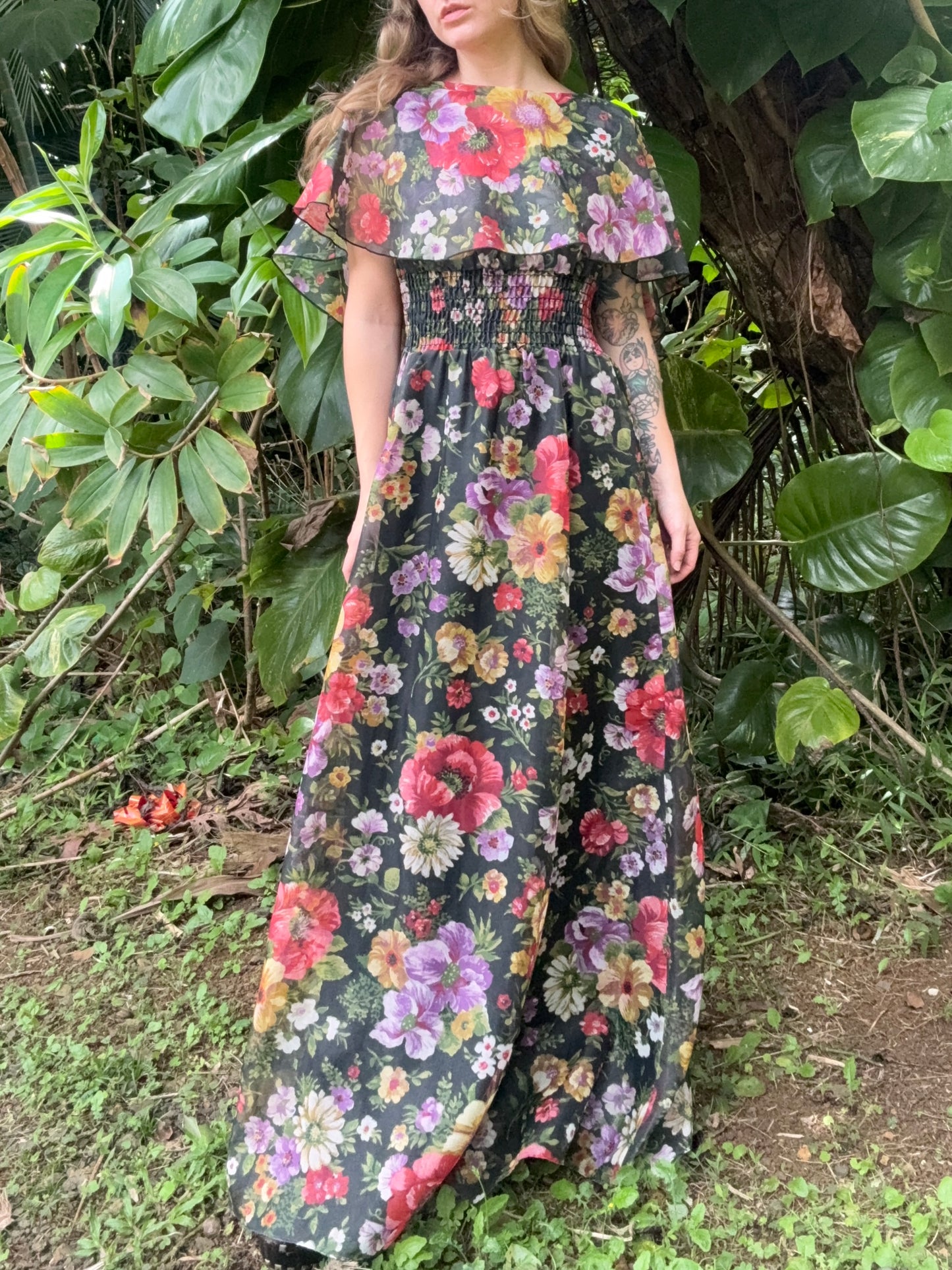 1970s Poppy Floral Print Shawl Maxi Dress Small Long