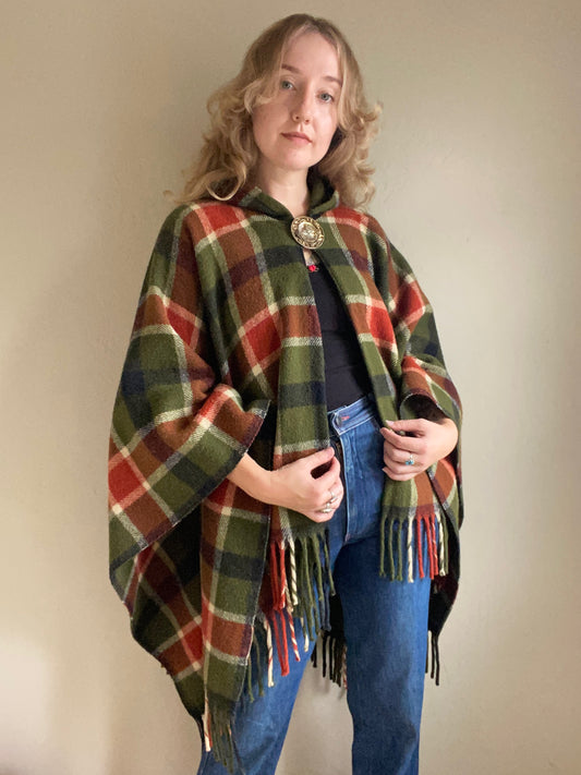 Vintage Wool Plaid Hooded Poncho