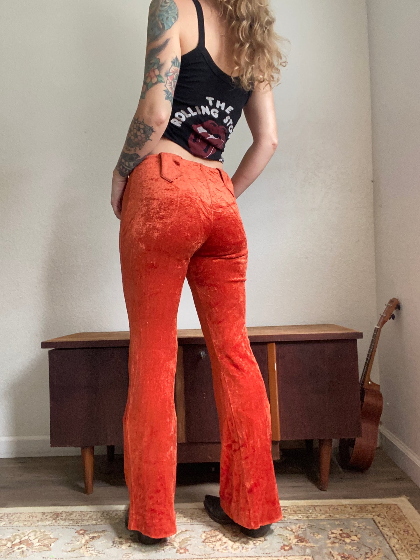 1970s mid rise burnt orange velvet western bell bottom pants 28x31