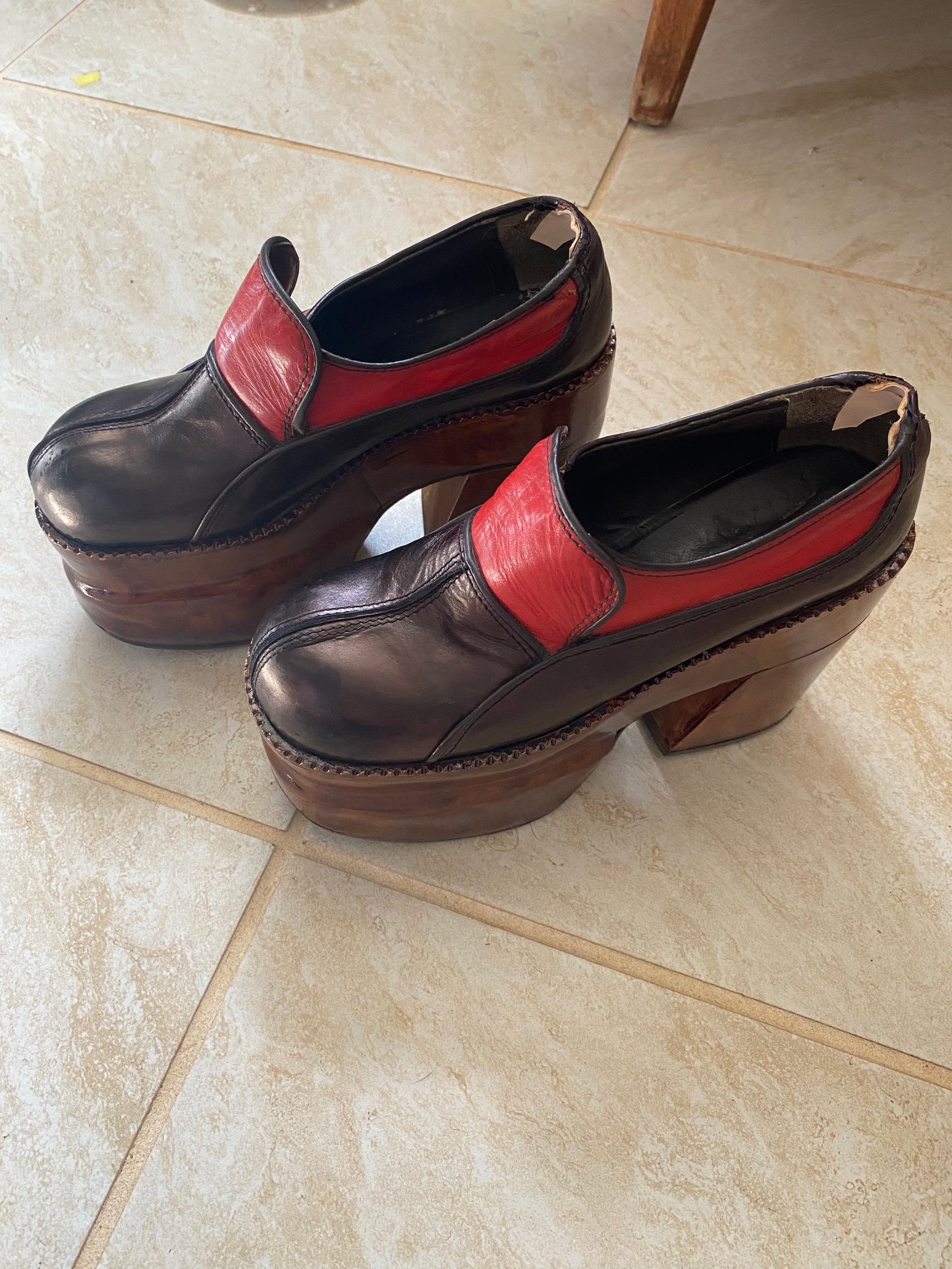 1970s Multicolor Leather Wooden Platform Shoes