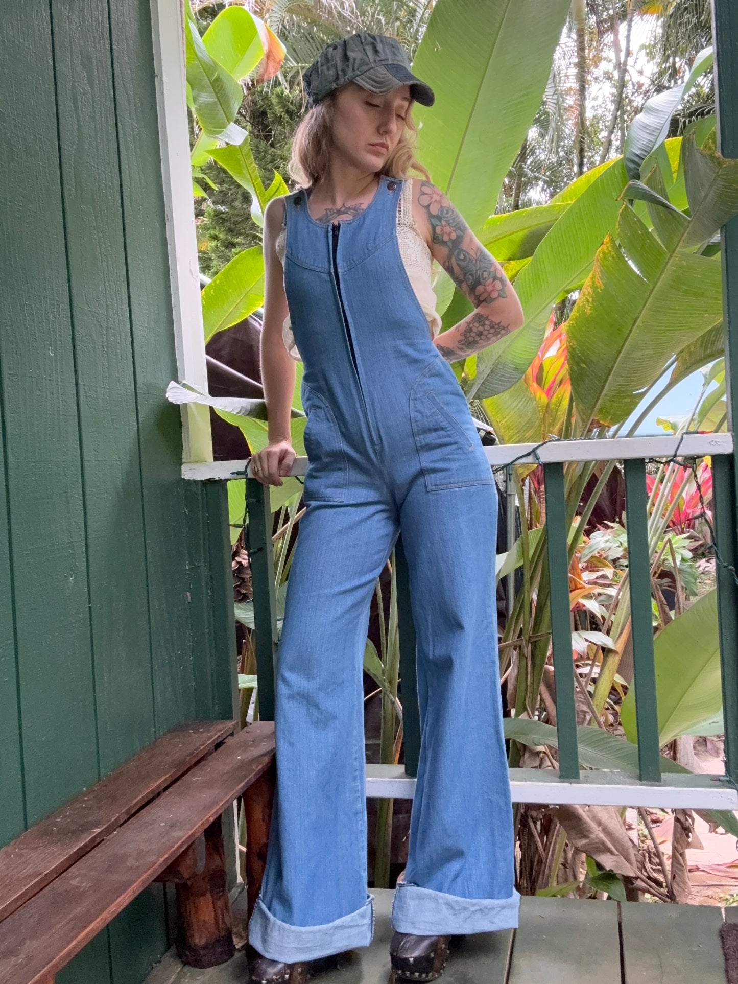 1970s Low Back Wide Leg Denim Jumpsuit by NLF  26x35 small Long