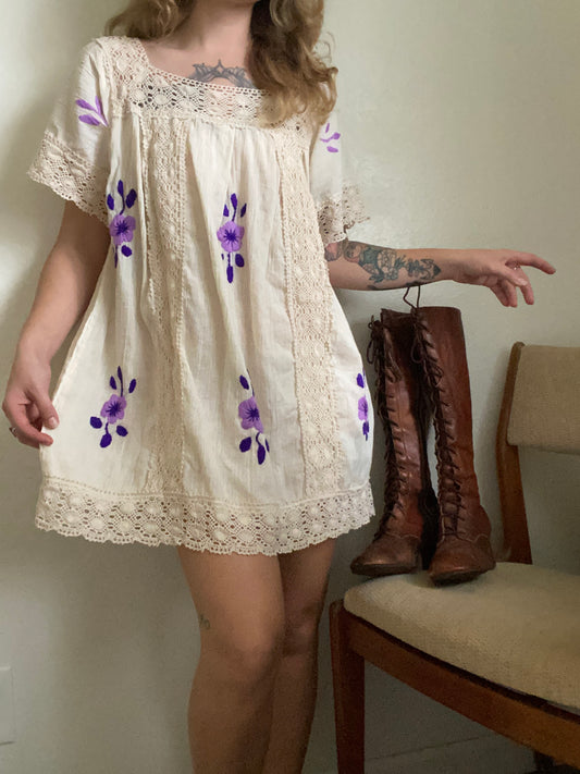 1970s Gauze Cotton Floral Embroidered Mini Dress