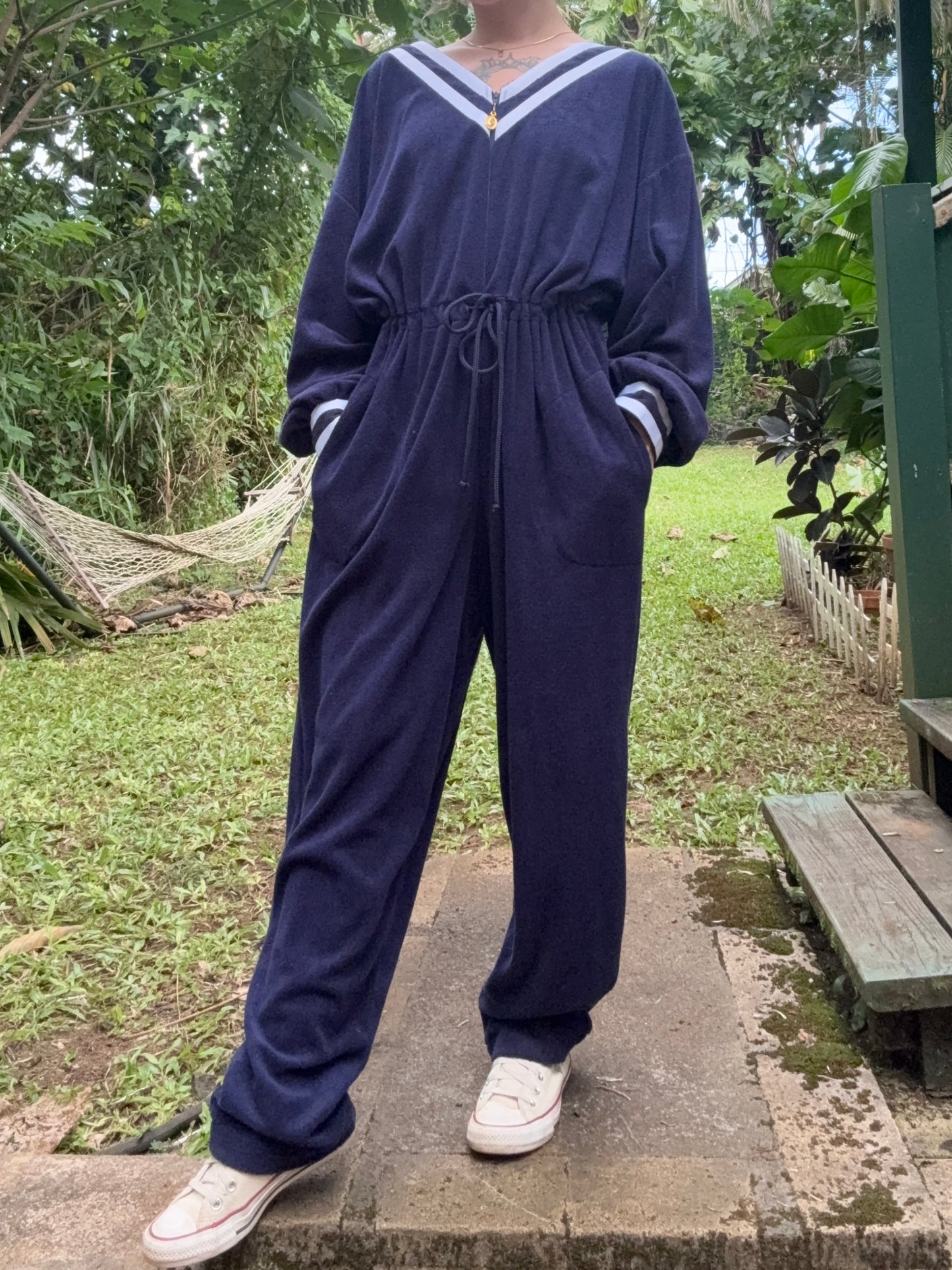1980s Nautical Christian Dior Terry Cloth Jumpsuit Navy Large