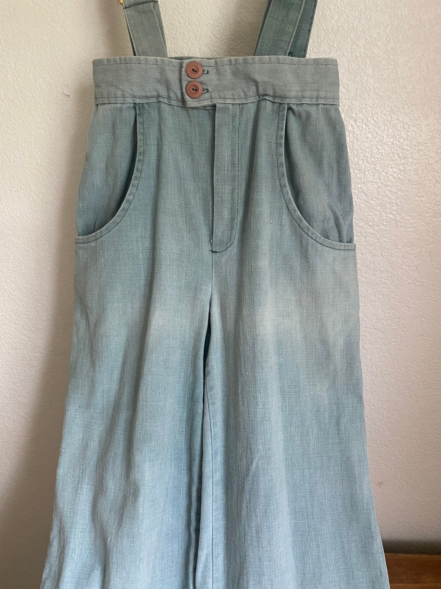 1970s Green Denim Suspender Bellbottom jumpsuit