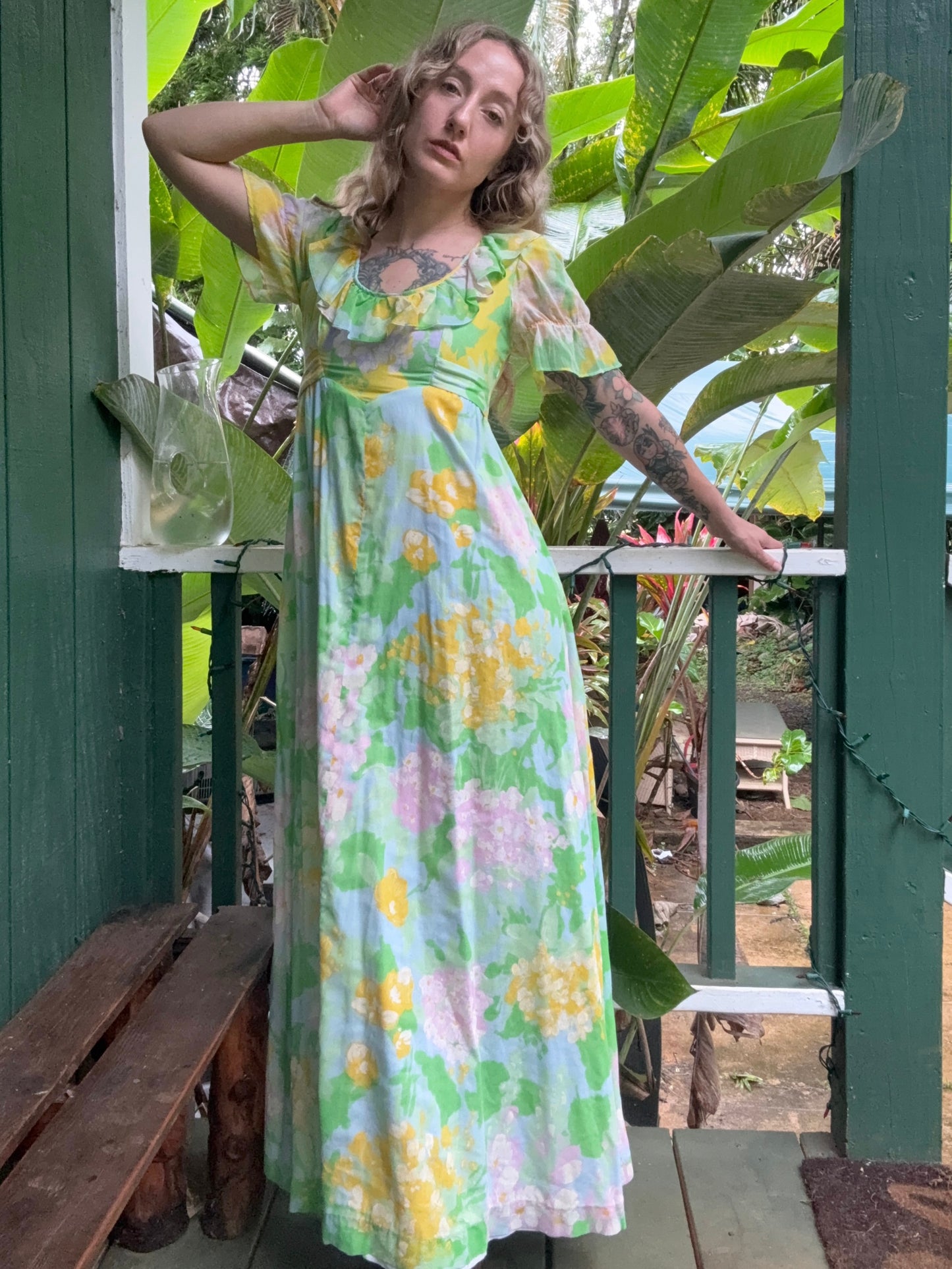 1970s Spring Floral Cotton floor-length Prairie Dress XS/Small