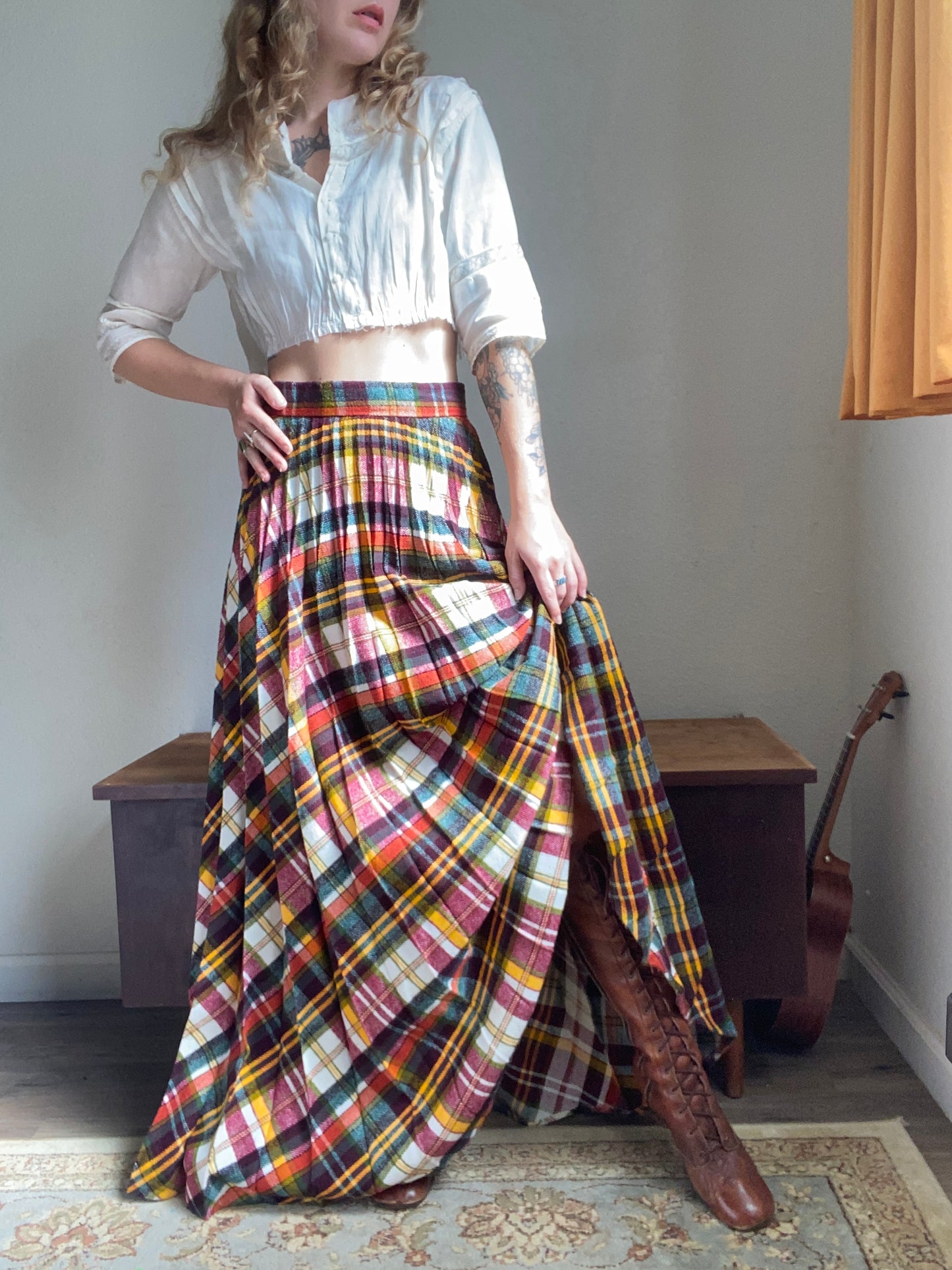 1970s Plaid Pleated Wool Maxi Skirt 27” waist