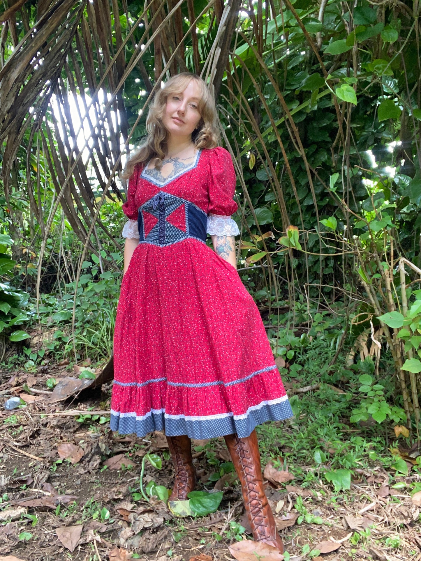 1970s Gunne Sax Red Calico Corset Dress size 11