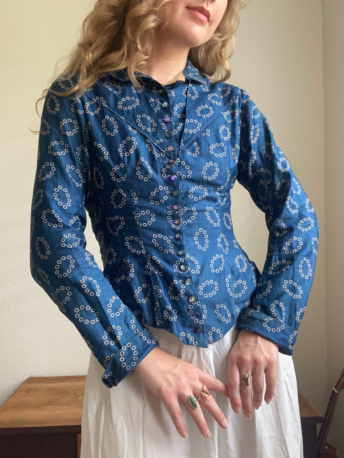 Late 1800s Early 1900s Antique Blue Cotton Calico Bodice Blouse