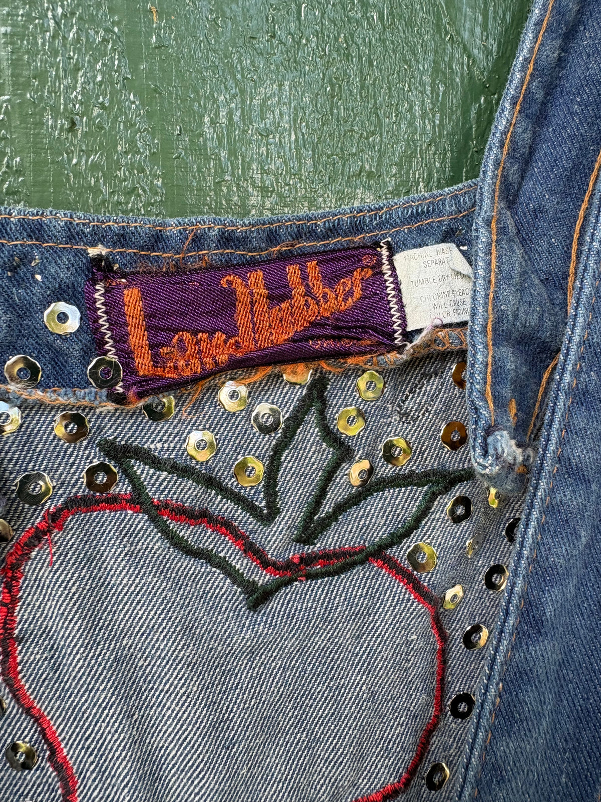 1970s Studded and Multi Patch Landlubber Denim Jumpsuit 25” w
