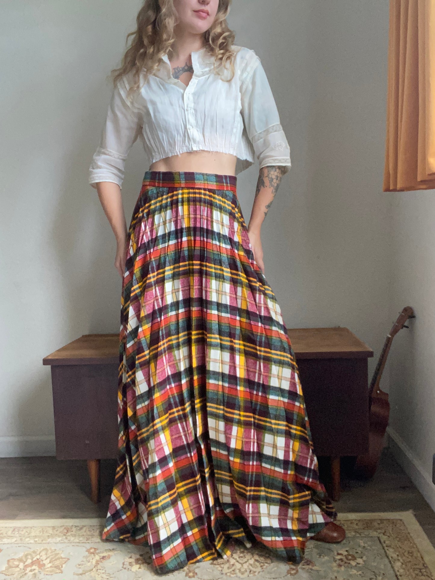 1970s Plaid Pleated Wool Maxi Skirt 27” waist