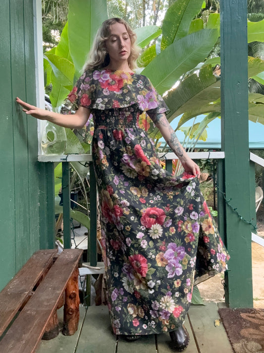 1970s Poppy Floral Print Shawl Maxi Dress Small Long