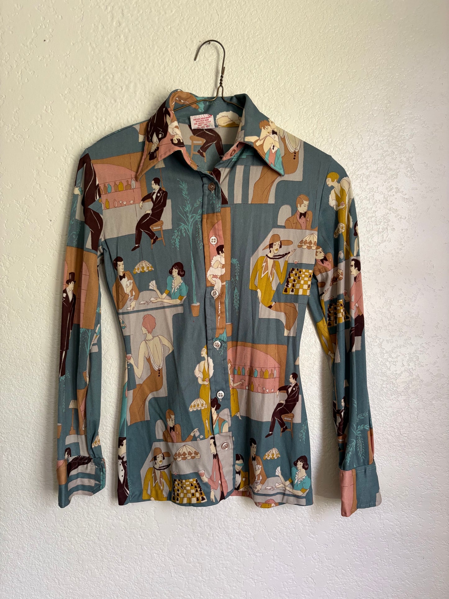 1970s Nylon Bar Scene Novelty Button up blouse Small
