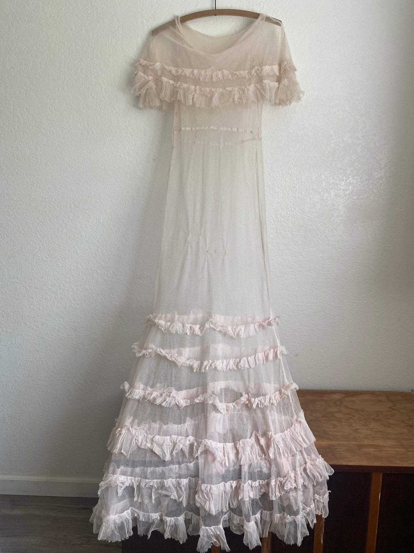 1930s Antique sheer pink net ruffle dress