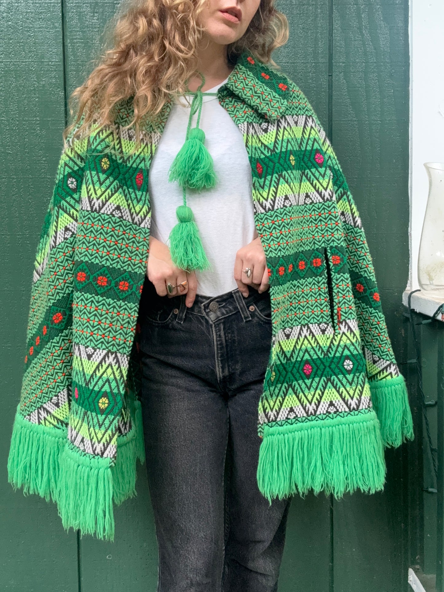 1960s or 1970s Woven Fringe Tapestry Cape Poncho