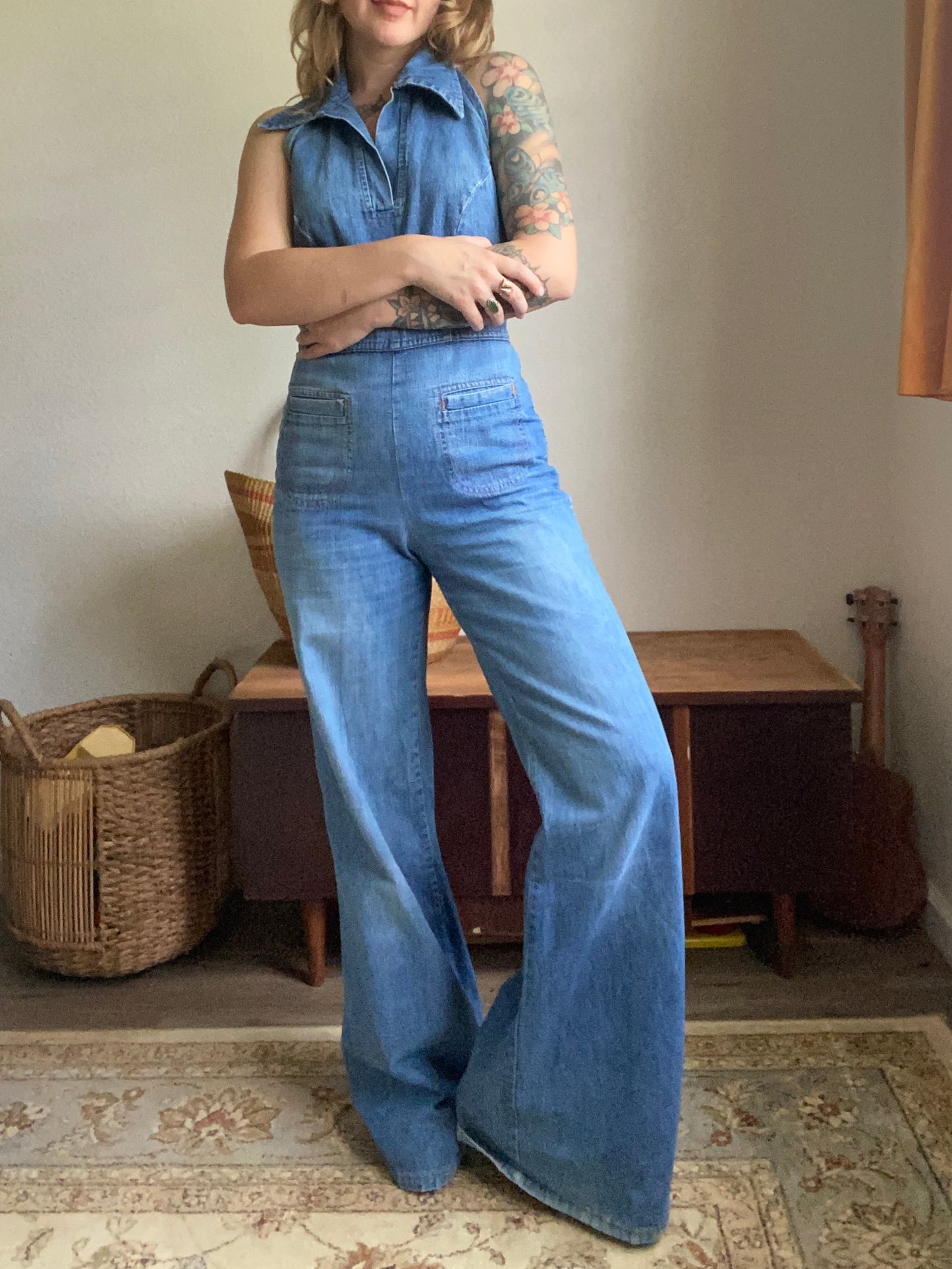 1970s Landlubber Denim Halter Jumpsuit