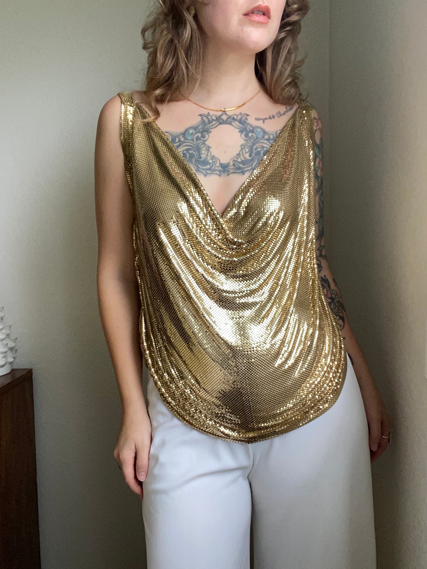 1980s Gold Whiting and Davis Chainmail Metal Mesh Blouse Top