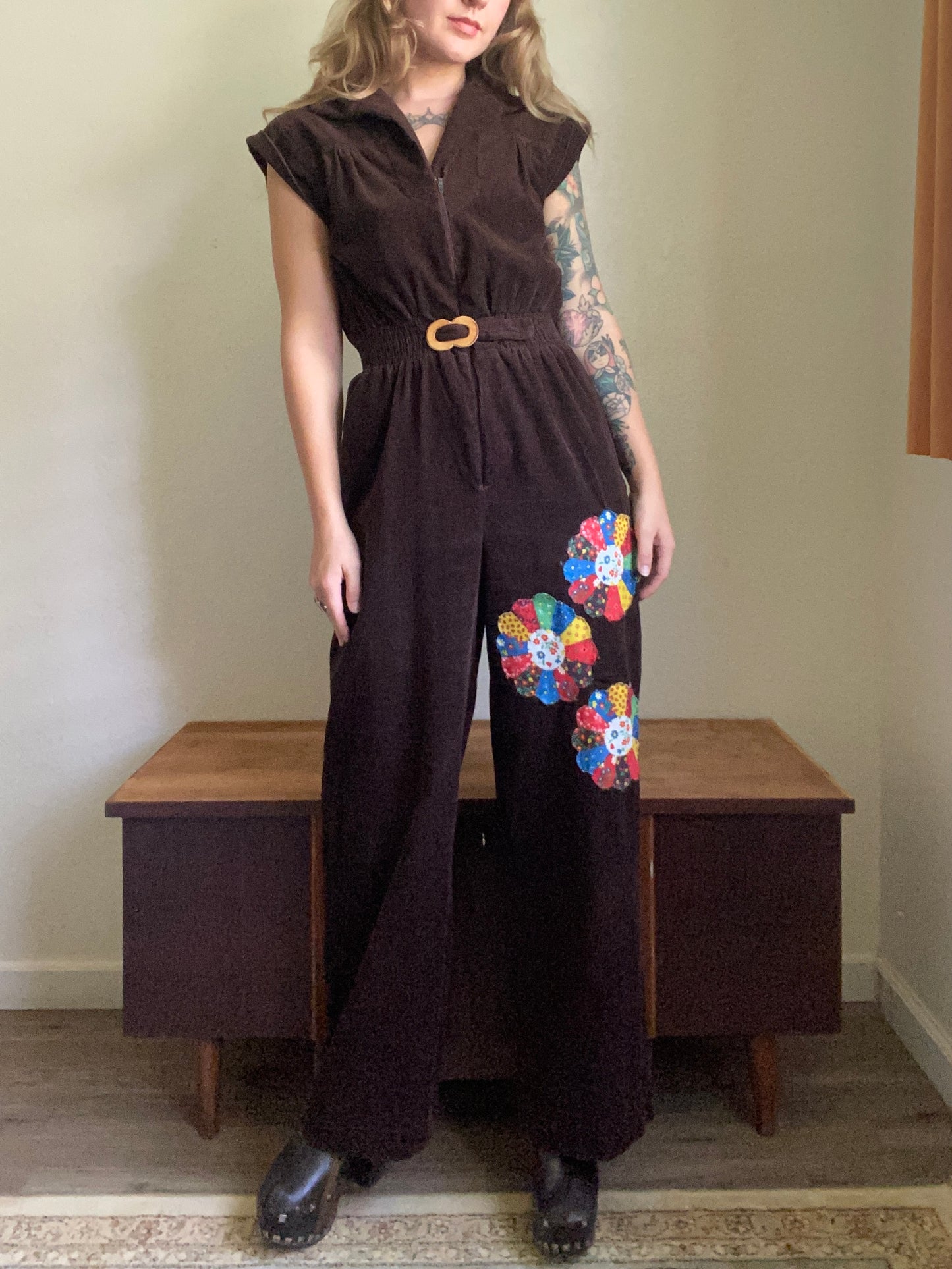 1970s Brown Corduroy Jumpsuit with Dresden quilt patches