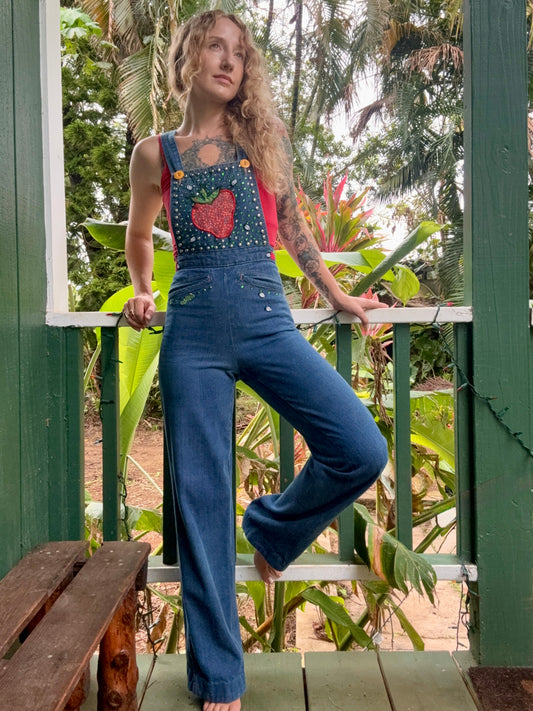 1970s Studded and Multi Patch Landlubber Denim Jumpsuit 25” w