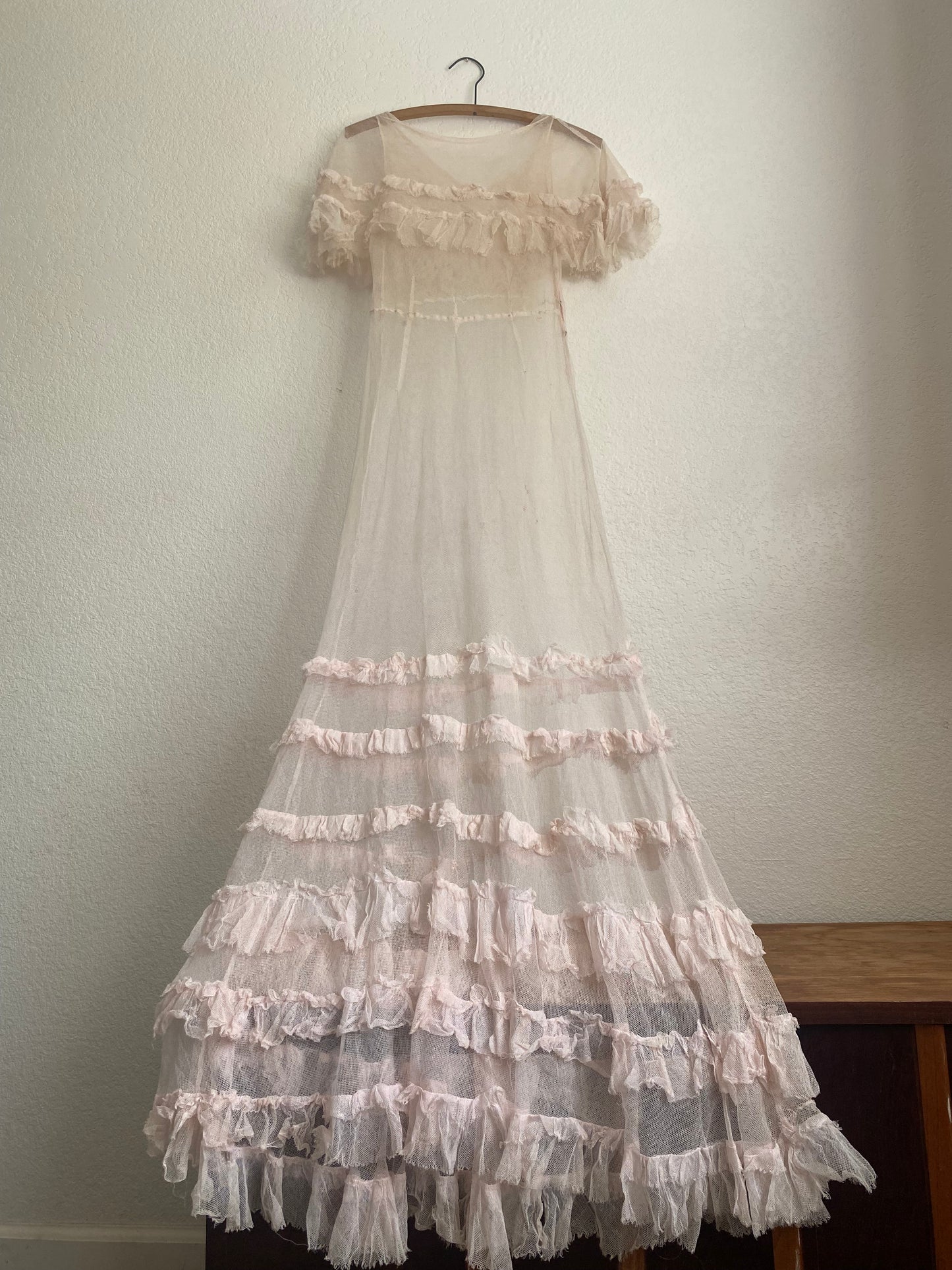 1930s Antique sheer pink net ruffle dress