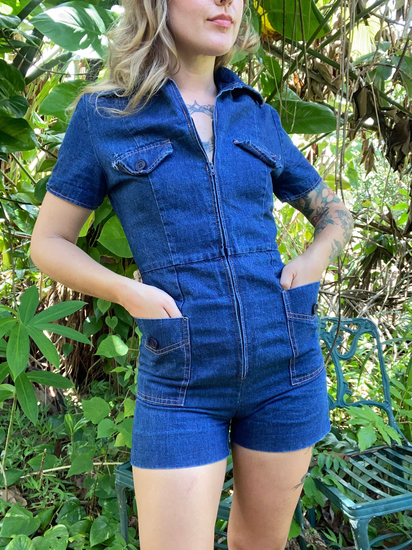 1970s Happy Legs denim shorts romper jumpsuit