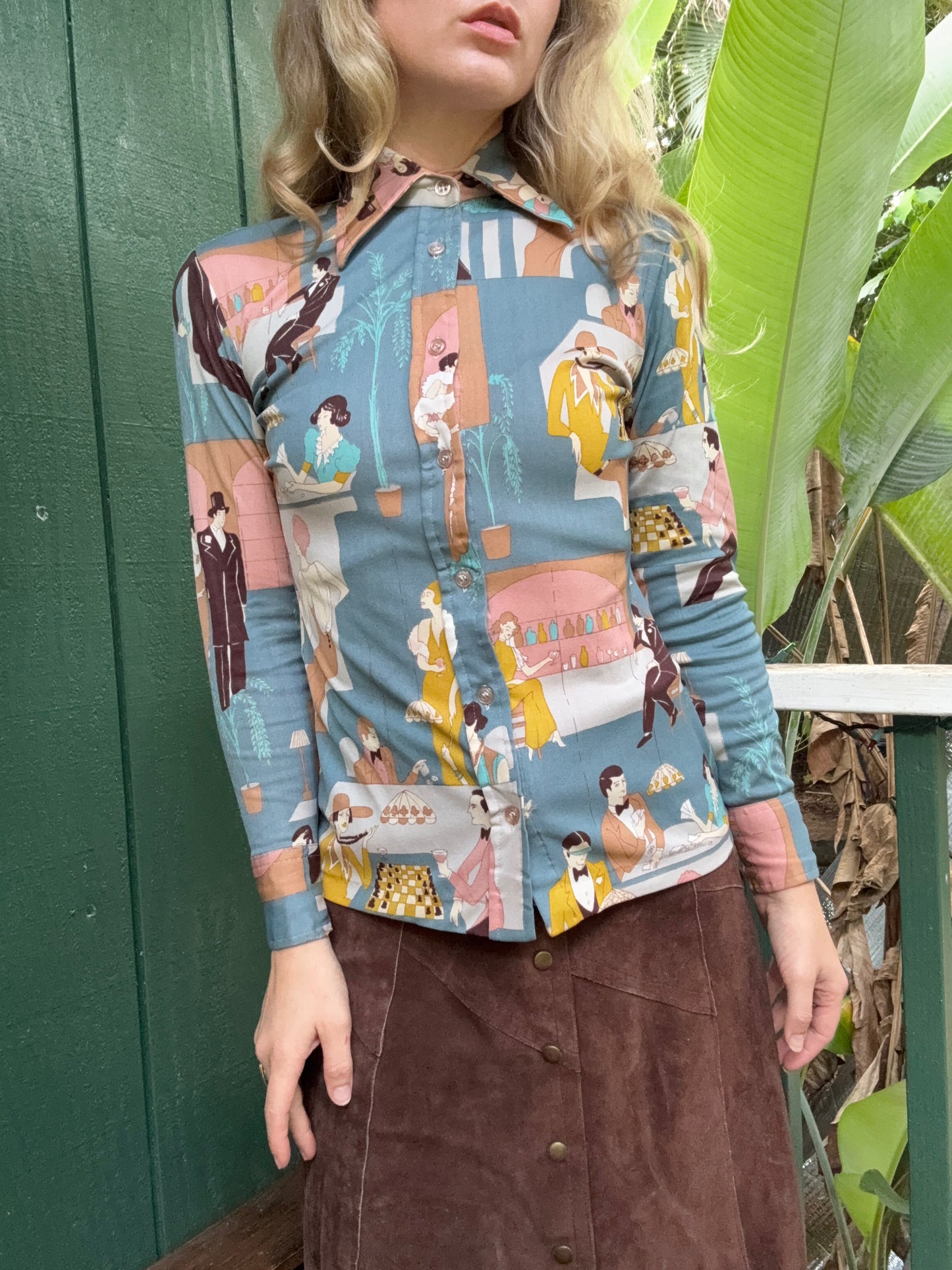 1970s Nylon Bar Scene Novelty Button up blouse Small