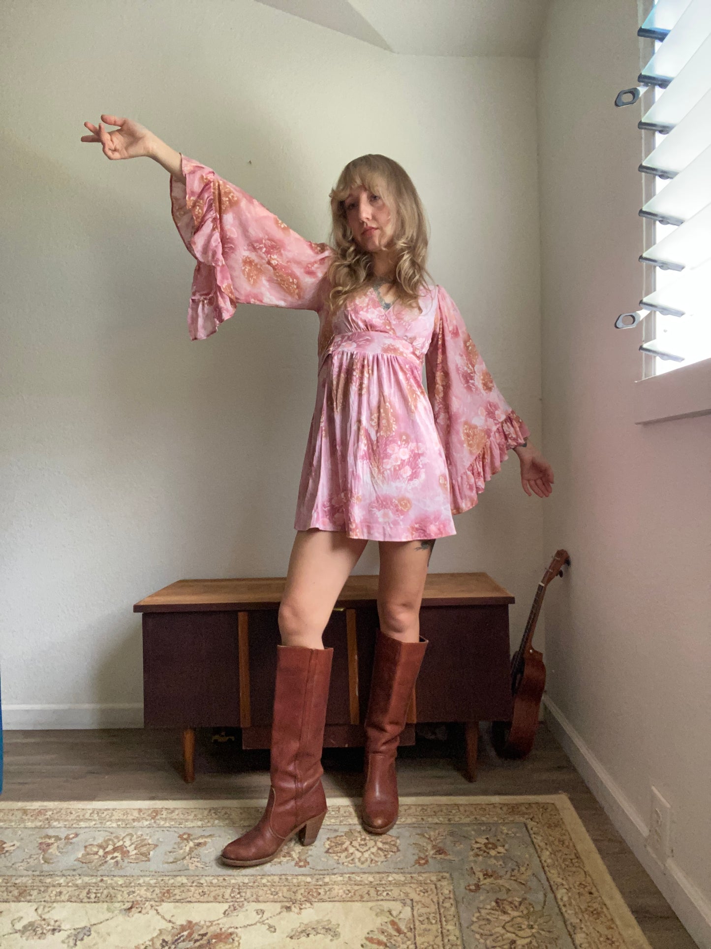 1970s Pink Floral Angel Sleeve Mini dress/ shirt XS S