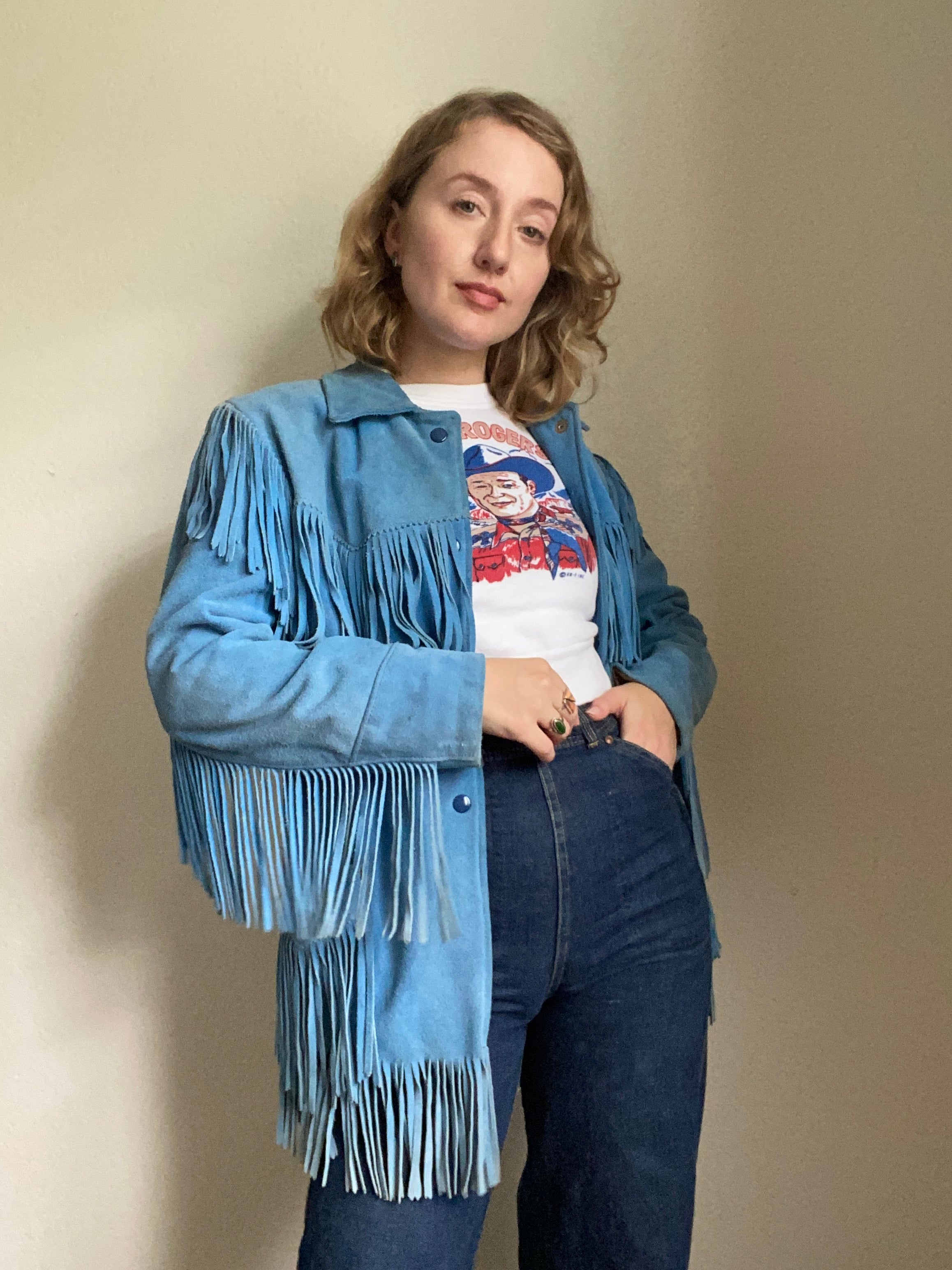 Blue suede fringe on sale jacket