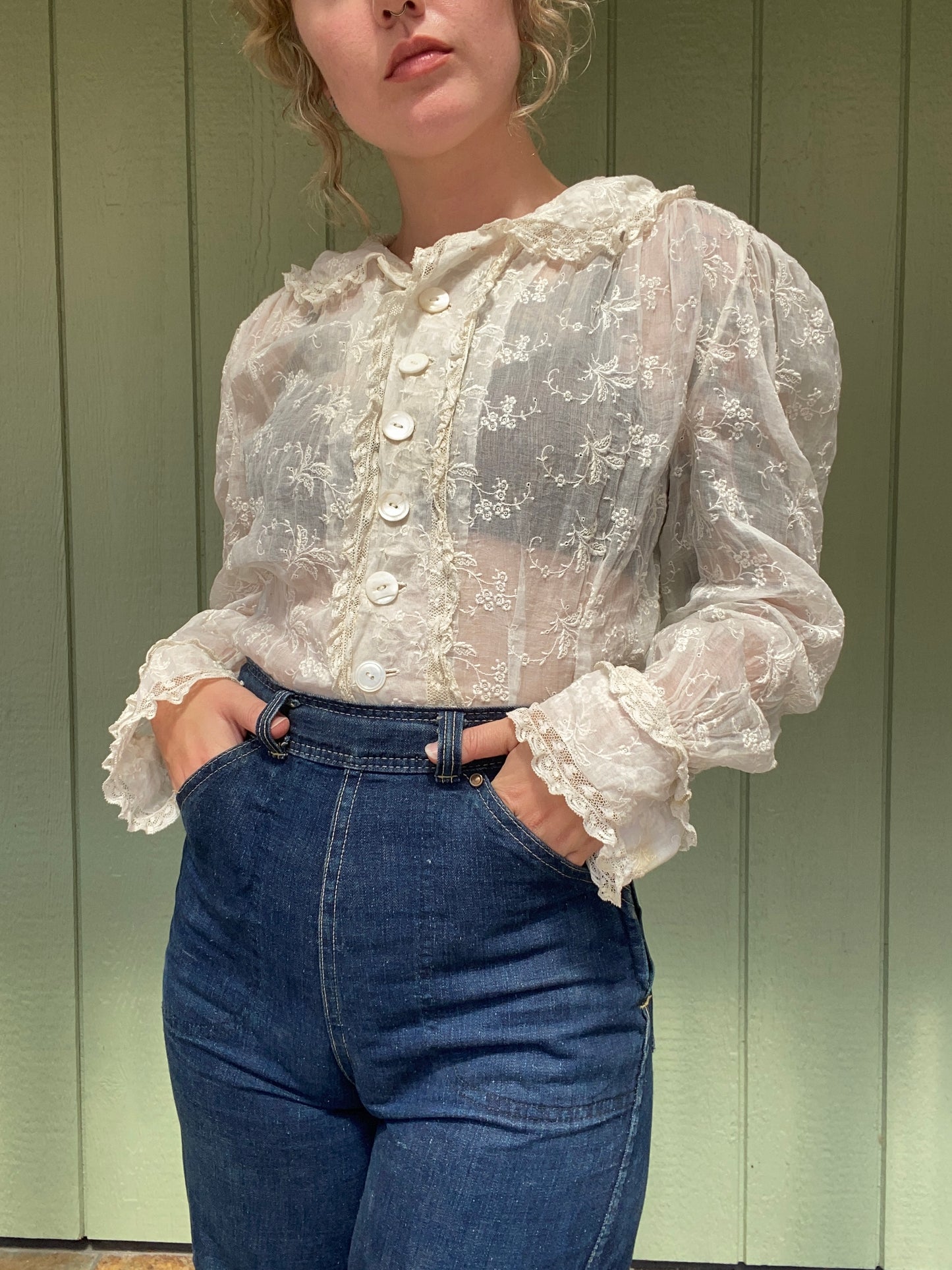 Antique Early 1900s Embroidered Cotton Button up Blouse