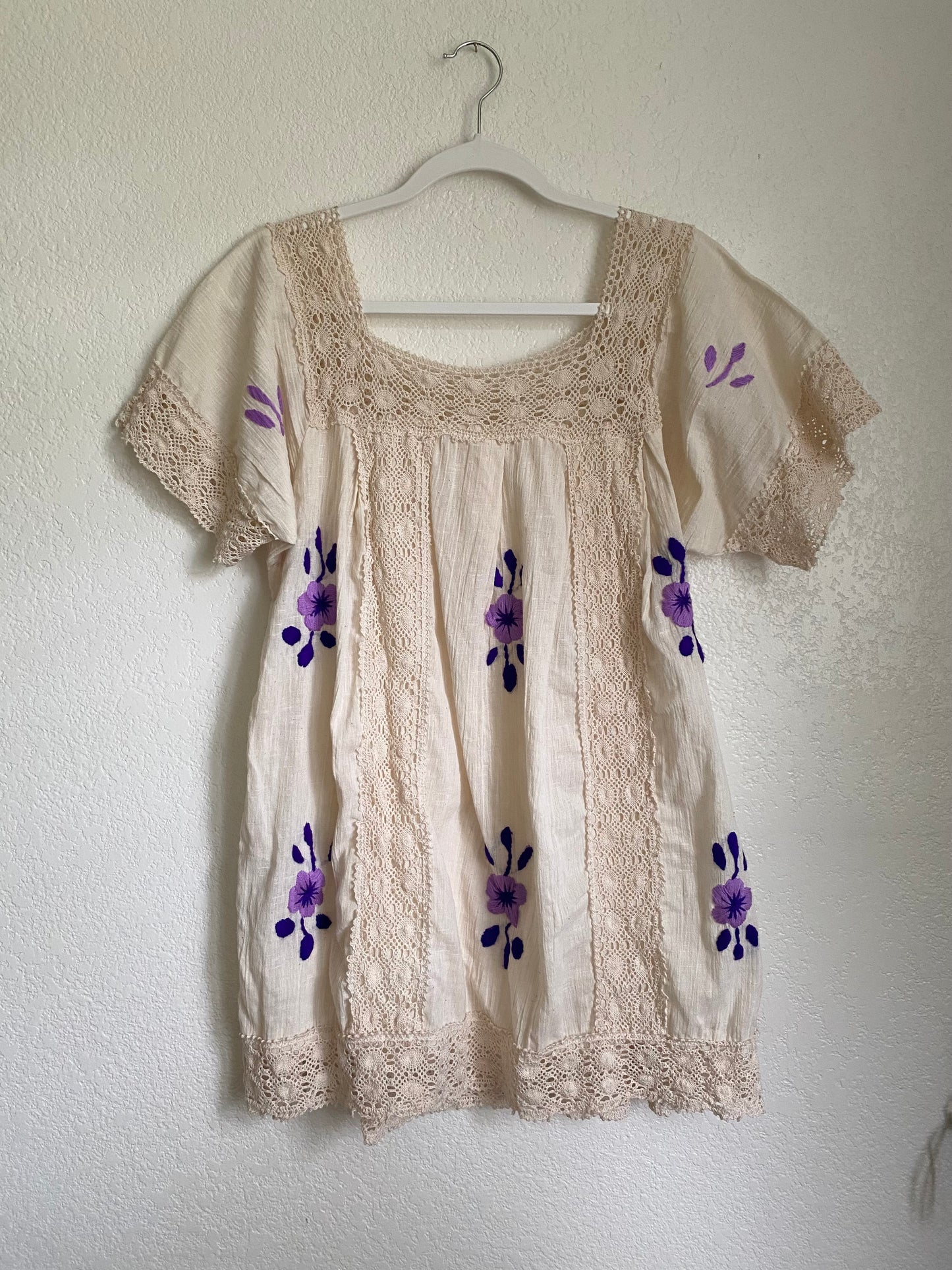 1970s Gauze Cotton Floral Embroidered Mini Dress