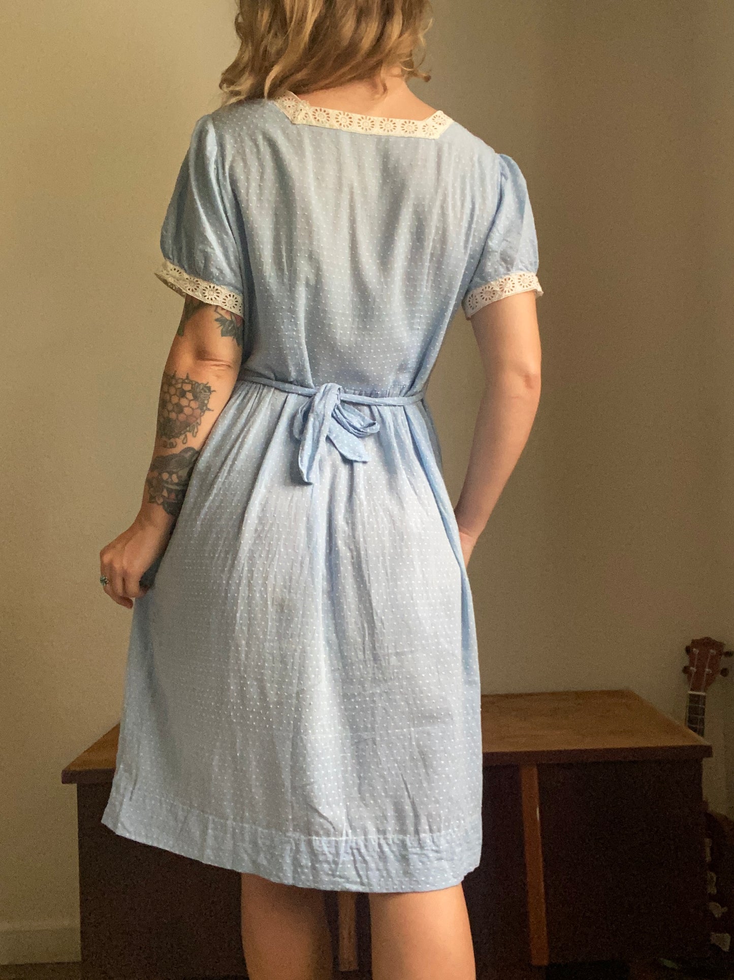 1930s / 1940s Blue Swiss dot embroidered cotton day dress